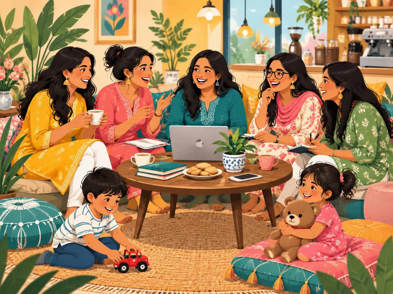 Indian mothers chatting about their businesses in a cafe while their children play nearby